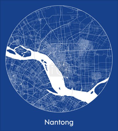 Ilustración de Mapa de la ciudad Nantong China Asia azul print round Circle vector illustration - Imagen libre de derechos