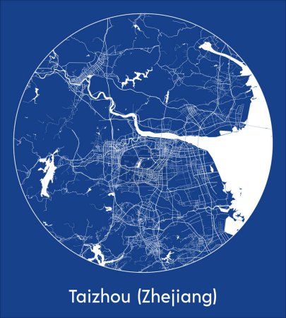 Téléchargez les illustrations : Plan de la ville Taizhou Zhejiang Chine Asie bleu imprimé rond Illustration vectorielle cercle - en licence libre de droit
