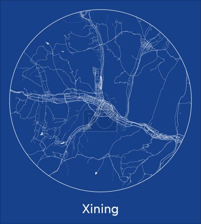 Ilustración de Mapa de la ciudad Xining China Asia azul print round Circle vector illustration - Imagen libre de derechos