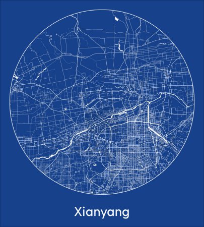 Téléchargez les illustrations : Plan de la ville Xianyang Chine Asie bleu imprimé rond cercle vectoriel illustration - en licence libre de droit