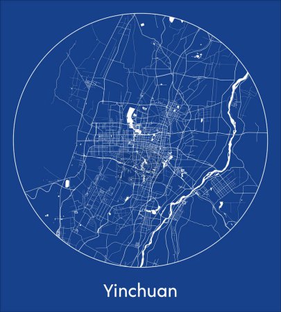 Ilustración de Mapa de la ciudad Yinchuan China Asia azul print round Circle vector illustration - Imagen libre de derechos