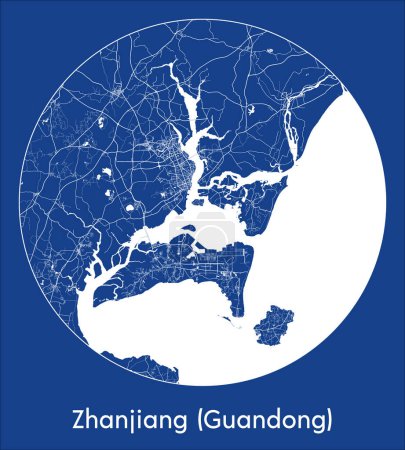 Téléchargez les illustrations : Carte de la ville Zhanjiang Guandong Chine Asie bleu imprimé rond Illustration vectorielle cercle - en licence libre de droit