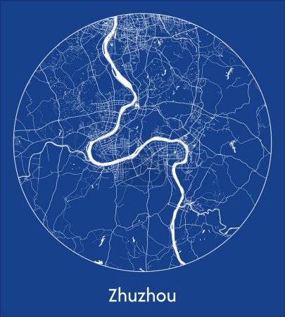 Ilustración de Mapa de la ciudad Zhuzhou China Asia azul print round Circle vector illustration - Imagen libre de derechos