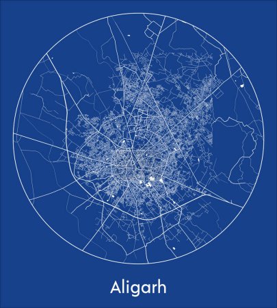 Illustrazione per Mappa della città Aligarh India Asia blu stampa rotonda Circle vector illustrazione - Immagini Royalty Free