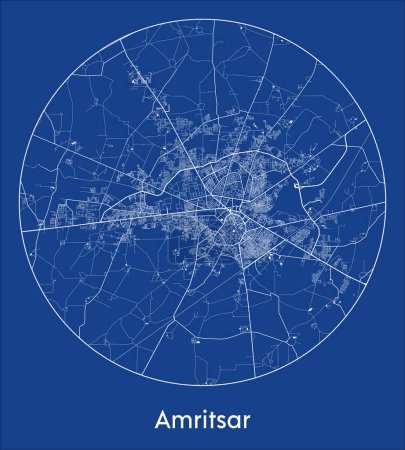 Ilustración de Mapa de la ciudad Amritsar India Asia azul print round Circle vector illustration - Imagen libre de derechos
