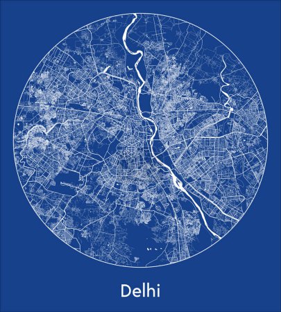 Ilustración de Mapa de la ciudad Delhi India Asia azul print round Circle vector illustration - Imagen libre de derechos