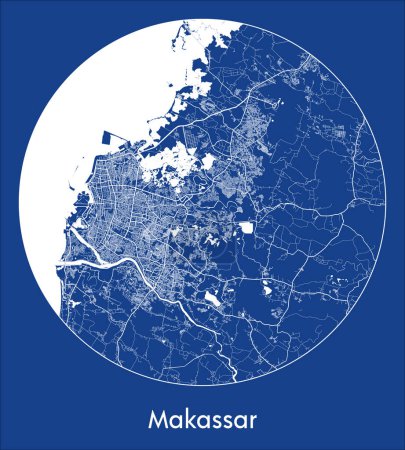 Téléchargez les illustrations : Plan de la ville Makassar Indonésie Asie bleu imprimé rond Cercle vectoriel illustration - en licence libre de droit