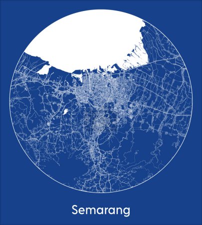 Téléchargez les illustrations : Plan de la ville Semarang Indonésie Asia blue print round Illustration vectorielle circulaire - en licence libre de droit