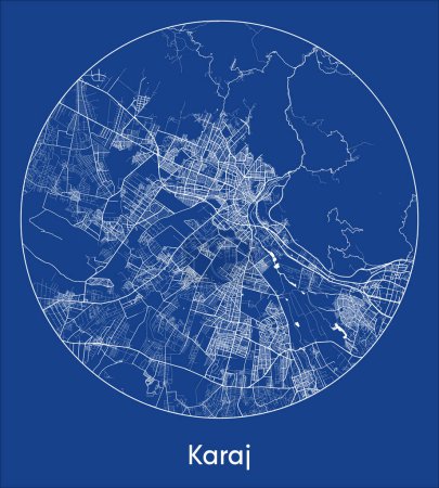 Ilustración de Mapa de la ciudad Karaj Irán Asia azul print round Circle vector illustration - Imagen libre de derechos