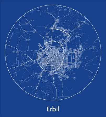 Téléchargez les illustrations : Plan de la ville Erbil Irak Asie bleu imprimé rond Cercle vectoriel illustration - en licence libre de droit
