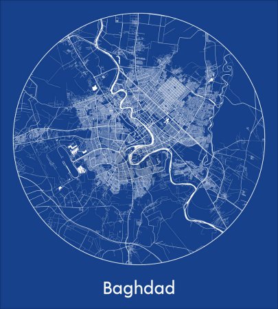 Ilustración de Mapa de la ciudad Bagdad Iraq Asia azul print round Circle vector illustration - Imagen libre de derechos