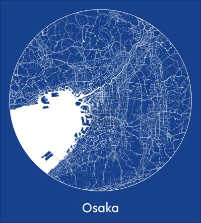 Téléchargez les illustrations : Plan de la ville Osaka Japon Asie bleu imprimé rond Cercle vectoriel illustration - en licence libre de droit