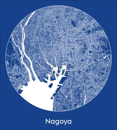 Téléchargez les illustrations : Plan de la ville Nagoya Japon Asie bleu imprimé rond Cercle vectoriel illustration - en licence libre de droit