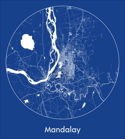 Téléchargez les illustrations : Carte de la ville Mandalay Myanmar Asia blue print round Illustration vectorielle circulaire - en licence libre de droit