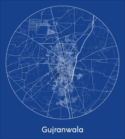Ilustración de Mapa de la ciudad Gujranwala Pakistán Asia azul print round Circle vector illustration - Imagen libre de derechos