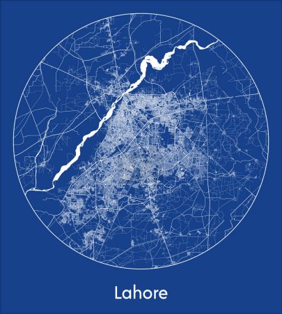 Ilustración de Mapa de la ciudad Lahore Pakistán Asia azul print round Circle vector illustration - Imagen libre de derechos