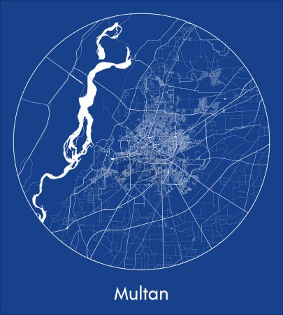 Illustration for City Map Multan Pakistan Asia blue print round Circle vector illustration - Royalty Free Image
