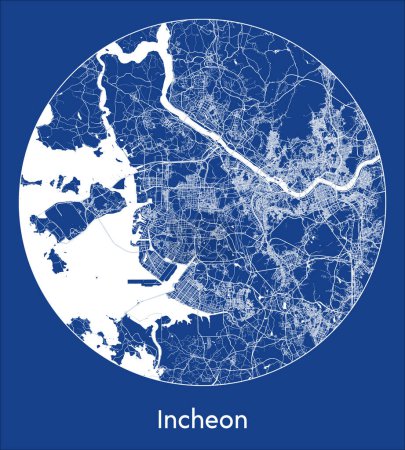 Téléchargez les illustrations : Plan de la ville Incheon Corée du Sud Asia blue print round Illustration vectorielle circulaire - en licence libre de droit