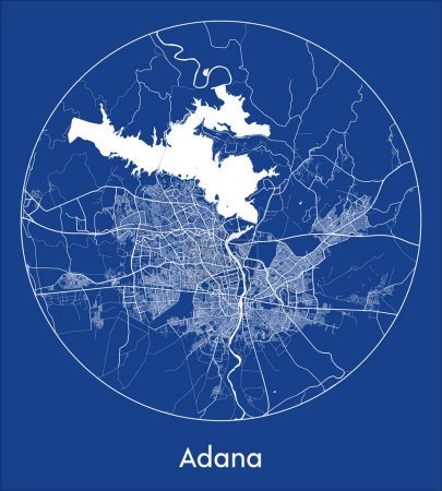 Téléchargez les illustrations : Plan de la ville Adana Turquie Asie bleu imprimé rond Cercle vectoriel illustration - en licence libre de droit