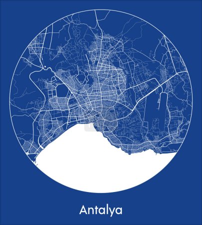 Téléchargez les illustrations : Plan de la ville Antalya Turquie Asie blue print rond Illustration vectorielle cercle - en licence libre de droit