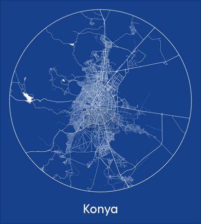 Téléchargez les illustrations : Plan de la ville Konya Turquie Asie bleu imprimé rond Cercle vectoriel illustration - en licence libre de droit