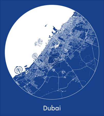Ilustración de Mapa de la ciudad Dubai Emiratos Árabes Unidos Asia azul print round Circle vector illustration - Imagen libre de derechos