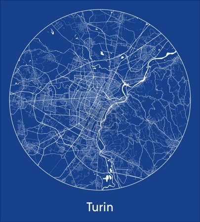 Ilustración de Mapa de la ciudad Turín Italia Europa azul print round Circle vector illustration - Imagen libre de derechos