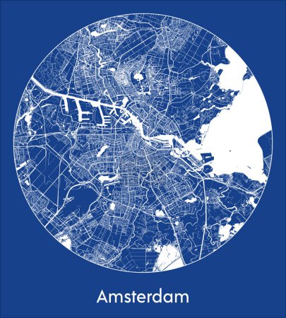 Téléchargez les illustrations : Plan de la ville Amsterdam Pays-Bas Europe blue print rond Illustration vectorielle cercle - en licence libre de droit