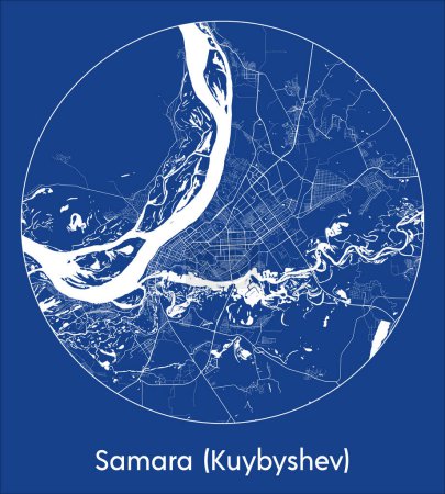 Ilustración de Mapa de la ciudad Samara Kuybyshev Rusia Europa azul print round Circle vector illustration - Imagen libre de derechos
