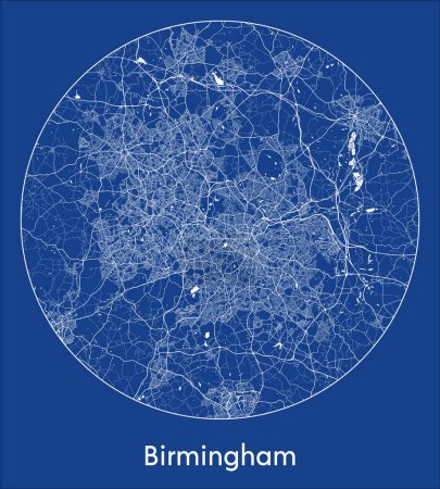 Téléchargez les illustrations : Plan de la ville Birmingham Royaume-Uni Europe blue print round Illustration vectorielle circulaire - en licence libre de droit