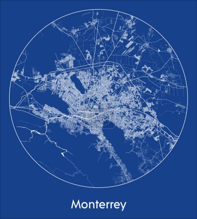 Téléchargez les illustrations : Plan de la ville Monterrey Mexique Amérique du Nord dessin bleu rond Illustration vectorielle circulaire - en licence libre de droit