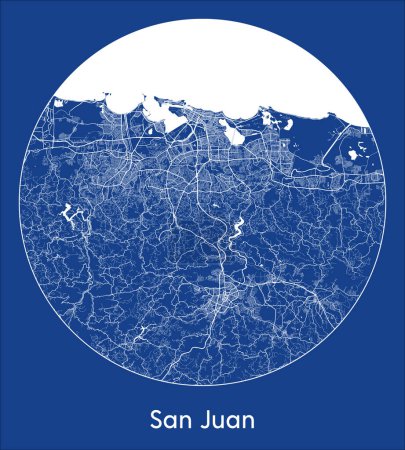 Ilustración de Mapa de la ciudad San Juan Puerto Rico América del Norte azul print round Circle vector illustration - Imagen libre de derechos