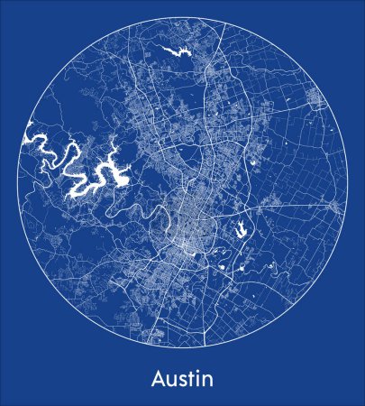 Ilustración de Mapa de la ciudad Austin Estados Unidos América del Norte azul print round Circle vector illustration - Imagen libre de derechos