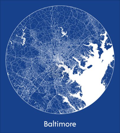 Téléchargez les illustrations : Plan de la ville Baltimore États-Unis Amérique du Nord blue print round Illustration vectorielle circulaire - en licence libre de droit