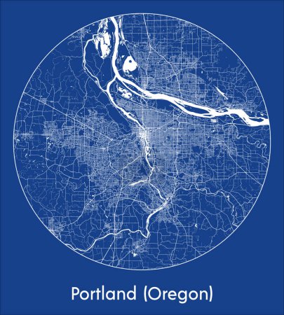 Téléchargez les illustrations : Plan de la ville Portland Oregon États-Unis Amérique du Nord blue print round Illustration vectorielle circulaire - en licence libre de droit