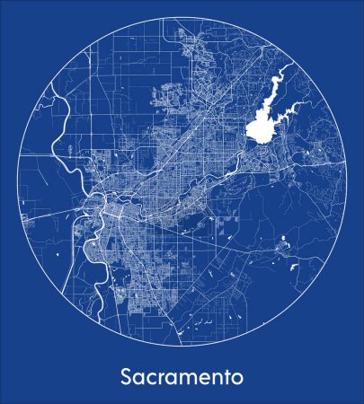 Ilustración de Mapa de la ciudad Sacramento Estados Unidos América del Norte azul print round Circle vector illustration - Imagen libre de derechos