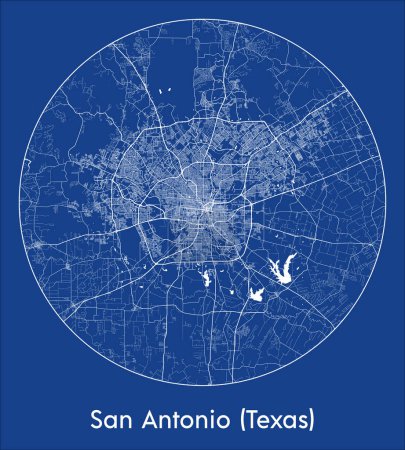 Ilustración de Mapa de la ciudad San Antonio Texas Estados Unidos América del Norte azul print round Circle vector illustration - Imagen libre de derechos
