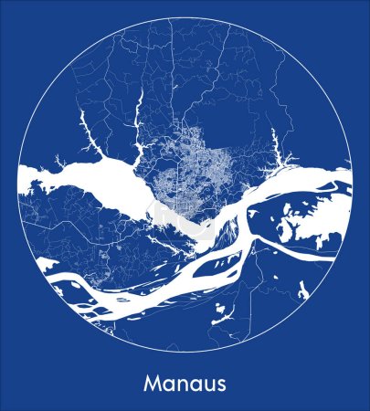 Ilustración de Mapa de la ciudad Manaus Brasil América del Sur impresión azul redonda Circle vector ilustración - Imagen libre de derechos