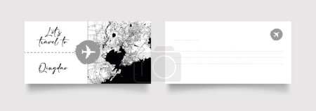 Illustration for Qingdao City Name (China, Asia) with black white city map illustration vector - Royalty Free Image