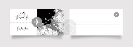 Téléchargez les illustrations : Nom de la ville de Fukuoka (Japon, Asie) avec vecteur d'illustration de carte de ville en blanc noir - en licence libre de droit