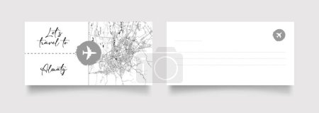 Téléchargez les illustrations : Nom de la ville d'Almaty (Kazakhstan, Asie) avec vecteur d'illustration de carte de ville en blanc noir - en licence libre de droit