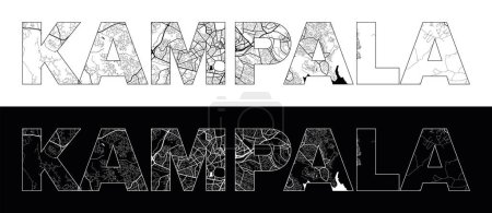 Téléchargez les illustrations : Nom de la ville de Kampala (Ouganda, Afrique) avec vecteur d'illustration de carte de ville en blanc noir - en licence libre de droit
