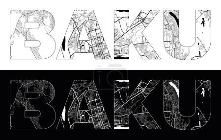 Illustration for Baku City Name (Azerbaijan, Asia) with black white city map illustration vector - Royalty Free Image
