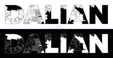Illustration for Dalian City Name (China, Asia) with black white city map illustration vector - Royalty Free Image
