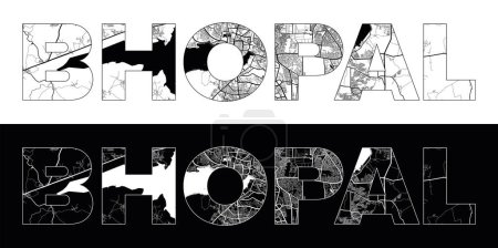 Téléchargez les illustrations : Nom de la ville de Bhopal (Inde, Asie) avec vecteur d'illustration de carte de ville en blanc noir - en licence libre de droit