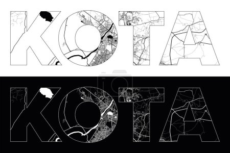 Téléchargez les illustrations : Nom de la ville de Kota (Inde, Asie) avec vecteur d'illustration de carte de ville en blanc noir - en licence libre de droit