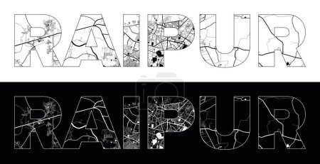 Téléchargez les illustrations : Nom de la ville de Raipur (Inde, Asie) avec vecteur d'illustration de carte de ville en blanc noir - en licence libre de droit