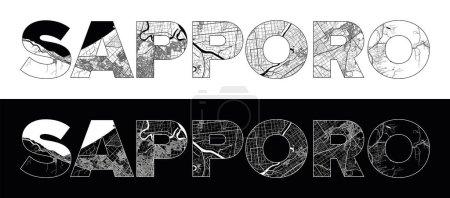 Illustration for Sapporo City Name (Japan, Asia) with black white city map illustration vector - Royalty Free Image