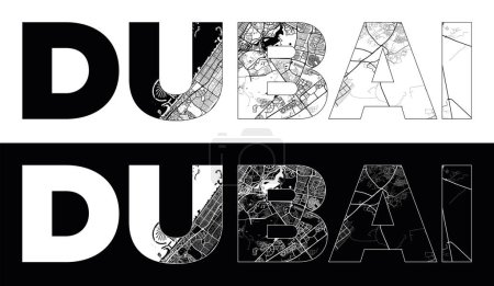 Téléchargez les illustrations : Dubaï Nom de la ville (Émirats arabes unis, Asie) avec vecteur d'illustration de carte de ville en blanc noir - en licence libre de droit
