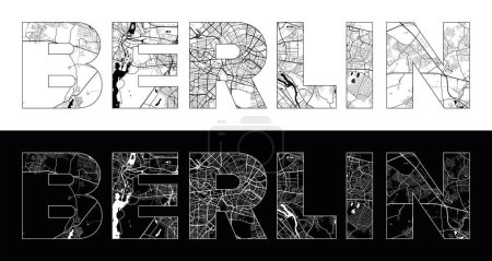 Téléchargez les illustrations : Nom de la ville de Berlin (Allemagne, Europe) avec vecteur d'illustration de carte de ville en blanc noir - en licence libre de droit